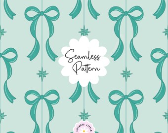 May include: A seamless pattern featuring teal bows and star-shaped ornaments hanging from vertical lines on a light mint green background. The text Seamless Pattern is centered in a white scalloped circle, with a Lockets Little Notes logo below.