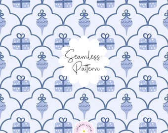May include: A seamless pattern featuring a light blue background with a repeating scalloped line design. The pattern includes illustrations of light blue gift boxes with bows and light blue Christmas ornaments. The text Seamless Pattern is visible.