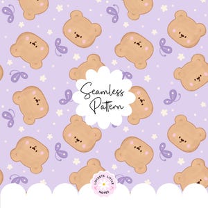 May include: A seamless pattern with cartoon teddy bear faces, purple butterflies, and white stars on a pale purple backdrop. The text "Seamless Pattern" is in the centre. The words "LITTLE NOTES" are in a small circle at the bottom.