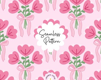Patrón floral sin costuras llamativo PNG, Ramo de cuento de hadas con diseño de tela de cinta rosa, Papel floral grande, Estilo cottagecore caprichoso para uso comercial