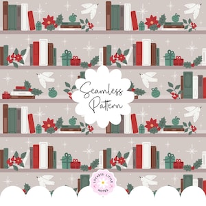 Puede incluir: Un patrón continuo sobre fondo gris claro con estantes horizontales que contienen libros, flores de pascua rojas, adornos verdes, cajas de regalo y palomas blancas. El texto Seamless Pattern está centrado en una insignia festoneada blanca, con Lockets Little Notes en la parte inferior.