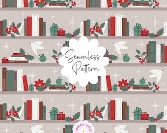 May include: A seamless pattern featuring a light gray background with horizontal shelves holding books, red poinsettias, green ornaments, gift boxes, and white doves. The text Seamless Pattern is centered in a white scalloped badge, with Lockets Little Notes at the bottom.