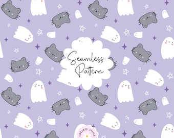 Patrón sin costuras de Halloween en tonos pastel PNG, diseño de tela de fantasma lindo en lila y morado, papel digital de gato negro y estrellas, uso comercial lindo y espeluznante