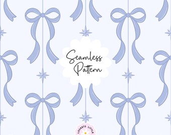 May include: A seamless pattern featuring light blue bows and four-pointed stars arranged in vertical lines on a pale blue background. A white scalloped label in the center displays the black text Seamless Pattern, with a small logo below reading Lockets Little Notes.
