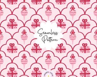 May include: A seamless pattern featuring a repeating design of pink gift boxes and pink ornaments outlined in dark red on a light pink background. The text Seamless Pattern is centered, and the text Lockets Little Notes is at the bottom.