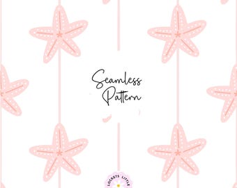 Patrón PNG sin costuras de estrella de mar rosa, diseño de tela de rayas costeras, papel digital playero estilo preppy, lindas rayas rosas y blancas para uso comercial