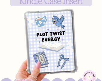 Inserto para funda Kindle a cuadros azules PNG, diseño literario con giro argumental en tonos pastel para imprimir (descarga digital)