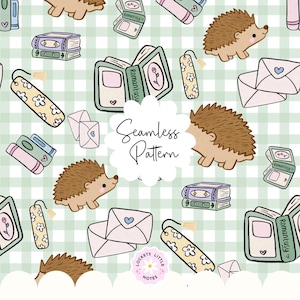 May include: A seamless pattern featuring brown hedgehogs, open books labeled Romantasy, stacks of books, floral bookmarks, and pink envelopes with blue hearts on a light green gingham background. The text Seamless Pattern is centered.