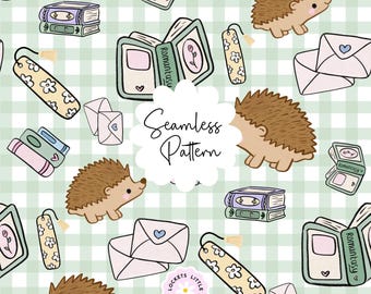 Lindo patrón PNG de erizo literario romántico sin costuras, diseño de tela de cuadros verdes, papel digital de pila de libros, fondo acogedor para leer