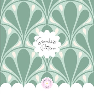 May include: Seamless pattern design in shades of green and cream. The design features a repeating fan-like motif with a scalloped edge. The words "Seamless Pattern" are in a white floral-shaped text box. The bottom has a white scalloped edge.