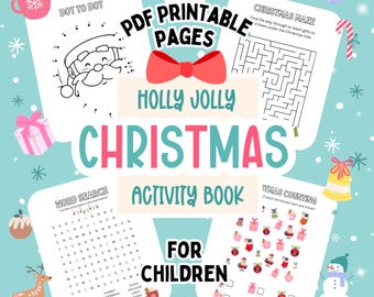 May include: A colorful printable activity book for children featuring a Christmas theme. The cover features a red bow, a Christmas tree, a snowman, a bell, and a reindeer. The book includes 60 pages of activities such as dot-to-dot, word search, maze, and counting.