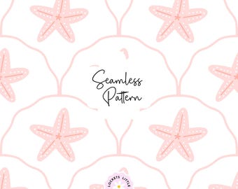 Patrón PNG sin costuras de estrella de mar rosa, diseño de tela con vieiras costeras, papel digital playero estilo preppy, lindo océano rosa y blanco para uso comercial