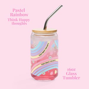 Rainbow Glass Can | 16 oz Glass with Bamboo Lid and Metal Straw | Pretty Pastel Rainbow Design | Iced Coffee Glass | Think Happy Thoughts.