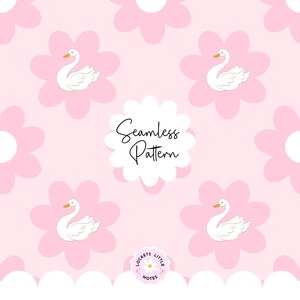 Peut inclure: Motif sans couture avec des cygnes blancs au bec orange, centrés dans des fleurs roses en forme de marguerite, sur fond rose clair. Les mots "Seamless Pattern" sont dans un cercle festonné blanc. Les mots "Locket's Little Notes" sont dans un petit cercle.