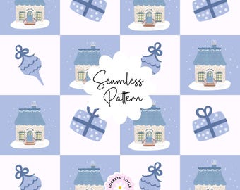 May include: A seamless pattern featuring a repeating grid of light blue and white squares. The design includes illustrations of cozy cottages labeled Cozy Cottage, blue gift boxes with bows, and blue ornaments, all set against a snowy backdrop.
