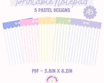 Paquete de blocs de notas imprimibles en PDF, juego de 5 blocs con rayas en tonos pastel, artículos de papelería estéticos para escritorio, descarga digital para pequeñas empresas.