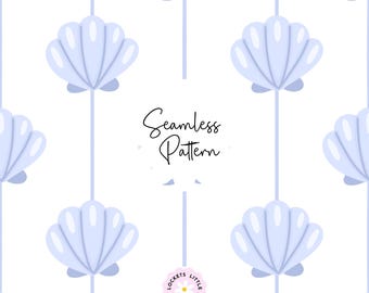 Patrón sin costuras de conchas azules PNG, diseño de tela playera, papel digital de playa costera, rayas azules y blancas de estilo preppy para uso comercial.