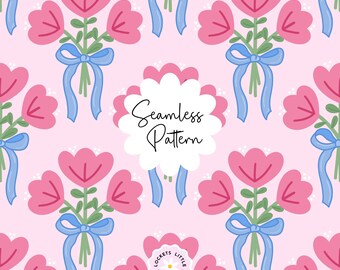 Patrón floral sin costuras llamativo PNG, Ramo de cuento de hadas con diseño de tela de cinta azul, Papel floral grande, Estilo cottagecore caprichoso para uso comercial