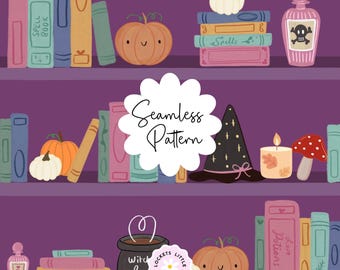 Patrón PNG sin costuras de estantería de Halloween, diseño de tela de libro de hechizos de bruja, papel digital de botella de poción morada oscura y calabaza, uso comercial.