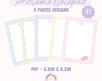 Paquete de blocs de notas imprimibles en PDF, juego de 5 blocs de notas con estampado de cuadros pastel, papelería de escritorio con diseño de café y croissant, descarga de hojas de notas digitales estéticas.
