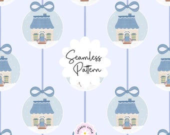 May include: A seamless pattern featuring light blue circular ornaments hanging from vertical lines. Each ornament contains a stone cottage with a blue roof, a blue door, and snow. The text Seamless Pattern and Lockets Little Notes are visible.