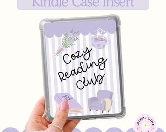Inserto para funda Kindle PNG, color morado pastel acogedor con temática de libros (descarga digital)