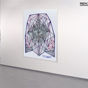 May include: A geometric art print with a black and pink design on a white background. The print is titled "Geometrical Intelligence" and is signed "Princezaar 2015".