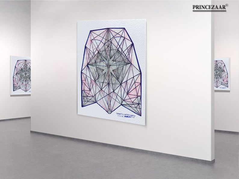 May include: A geometric art print with a black and pink design on a white background. The print is titled "Geometrical Intelligence" and is signed "Princezaar 2015".