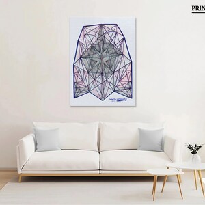 May include: A geometric abstract art print with a black and white design on a white background. The design is a series of intersecting lines that create a star shape in the center. The print is titled "Geometric Intersections" and is signed by the artist.