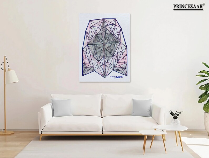 May include: A geometric abstract art print with a black and white design on a white background. The design is a series of intersecting lines that create a star shape in the center. The print is titled "Geometric Intersections" and is signed by the artist.