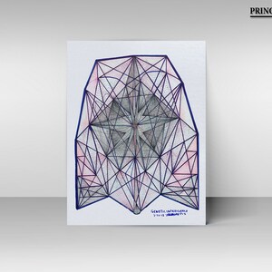May include: A geometric abstract art print with a blue and pink color scheme. The print features a star-shaped design with a complex network of lines and shapes. The text "Genetic Intelligence" is written at the bottom of the print.