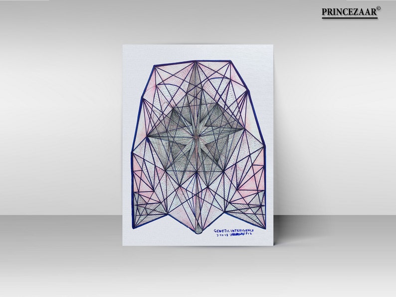 May include: A geometric abstract art print with a blue and pink color scheme. The print features a star-shaped design with a complex network of lines and shapes. The text "Genetic Intelligence" is written at the bottom of the print.