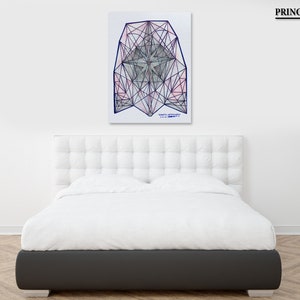 May include: A white bed with a tufted headboard and a white duvet cover. A geometric abstract art print with pink and blue lines hangs above the bed.