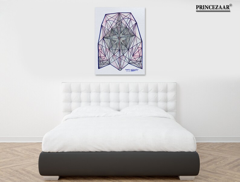 May include: A white bed with a tufted headboard and a white duvet cover. A geometric abstract art print with pink and blue lines hangs above the bed.