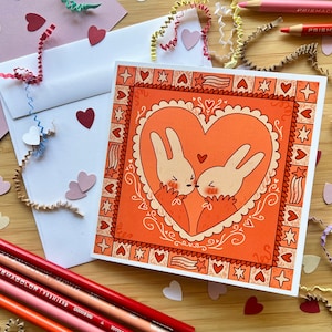 Smooching Bunnies Valentine’s Day Card- Printed on Heavy Cardstock with Envelope