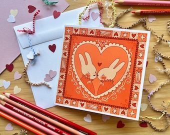 Smooching Bunnies Valentine’s Day Card- Printed on Heavy Cardstock with Envelope