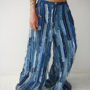 Blue upcycle jeans,Wide-leg style jeans, Unique Handmade Jeans Patchwork, Vintage denim, Eco friendly pants, Reworked denim,Unisex jeans