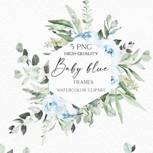 Baby blaue Blumen Clipart, Staubblaue Boho Rosen Rahmen png, Aquarell Blumen Clipart, Babyparty lädt 102 ein 102