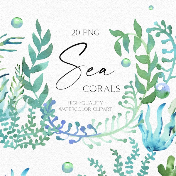 Watercolor coral clipart, Green and Turquoise Seaweeds clipart., Watercolor sea coral reef clipart, for summer wedding, gift packaging 008