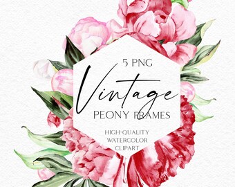 May include: Five watercolor peony flower frames in different shapes, including a hexagon, circle, diamond, and arch. The frames are perfect for adding a touch of vintage elegance to your designs.
