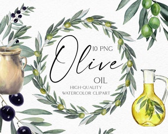 Watercolor olive clipart. Olive oil label clipart,  Boho greenery wreath clipart with olive leaves for logo design, menu 050