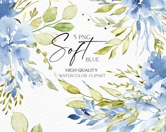 Watercolor boho roses clipart, Dusty blue florals clip art,  Baby blue floral bouquets png, Boy baby shower invites DIY 032