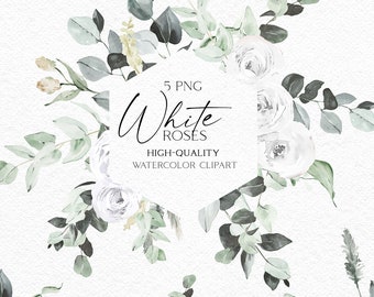 May include: 5 PNG watercolor clipart images of white roses and eucalyptus leaves. The text "White Roses" is written in a cursive font with the words "High-Quality Watercolor Clipart" below. The text "OLGA.KOELSCH" is at the bottom of the image.