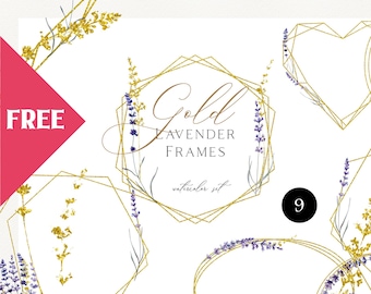 Watercolor Lavender Frame Clipart, Golden Geometric Frames (PNG)