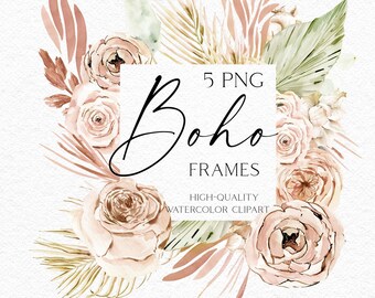 Watercolor boho floral frame, Dried flower logo png, Tropical watercolor clipart with dried palm leaves for wedding, baby shower 010