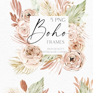 Cadre floral bohème aquarelle, logo png de fleurs séchées, clipart aquarelle tropical avec des feuilles de palmier séchées pour mariage, baby shower 010