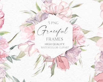 Boho rose frames clipart, Dusty pink watercolor floral borders png, Pink wedding clipart with rose bouquets png 026