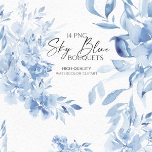 Imágenes prediseñadas de ramos de rosas bohemias de color azul polvoriento, imágenes prediseñadas de flores de color azul bebé, bordes florales de acuarela png, invitaciones para baby shower de niño DIY 032