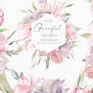 Clipart cornici di rose boho, Bordi floreali acquerello rosa polveroso png, Clipart matrimonio rosa con bouquet di rose png 026