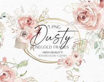 Boho roses gold glitter frame clipart, Watercolor floral borders png, Wedding clipart with dusty pink roses and gold frame png OK001